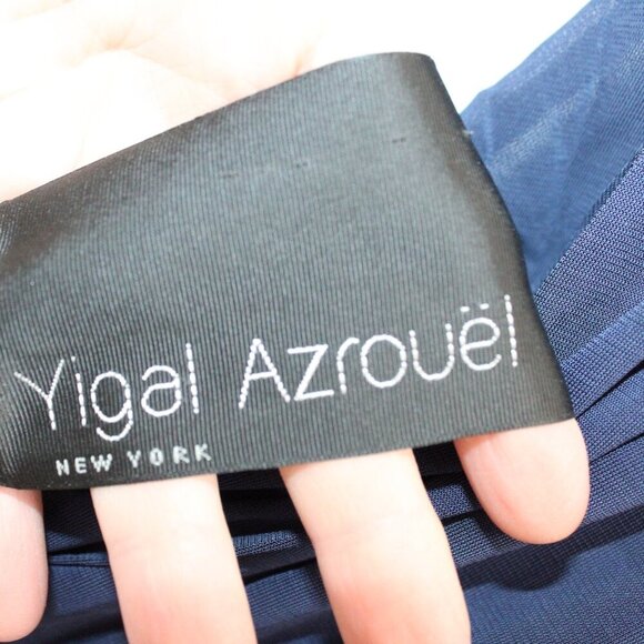 Yigal Azrouel Short Sleeve V Neck Midi Dress Ruched Navy - Picture 2 of 4